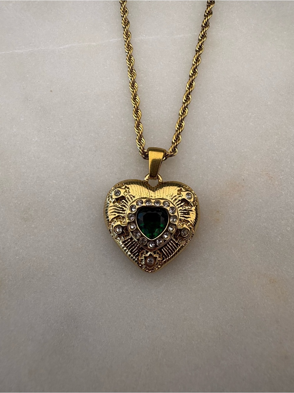 Elle Gold Heart Necklace with Deep Green Crystal